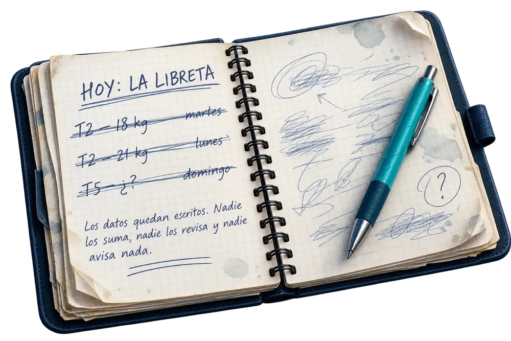 Libreta de campo con capturas tachadas y pendientes